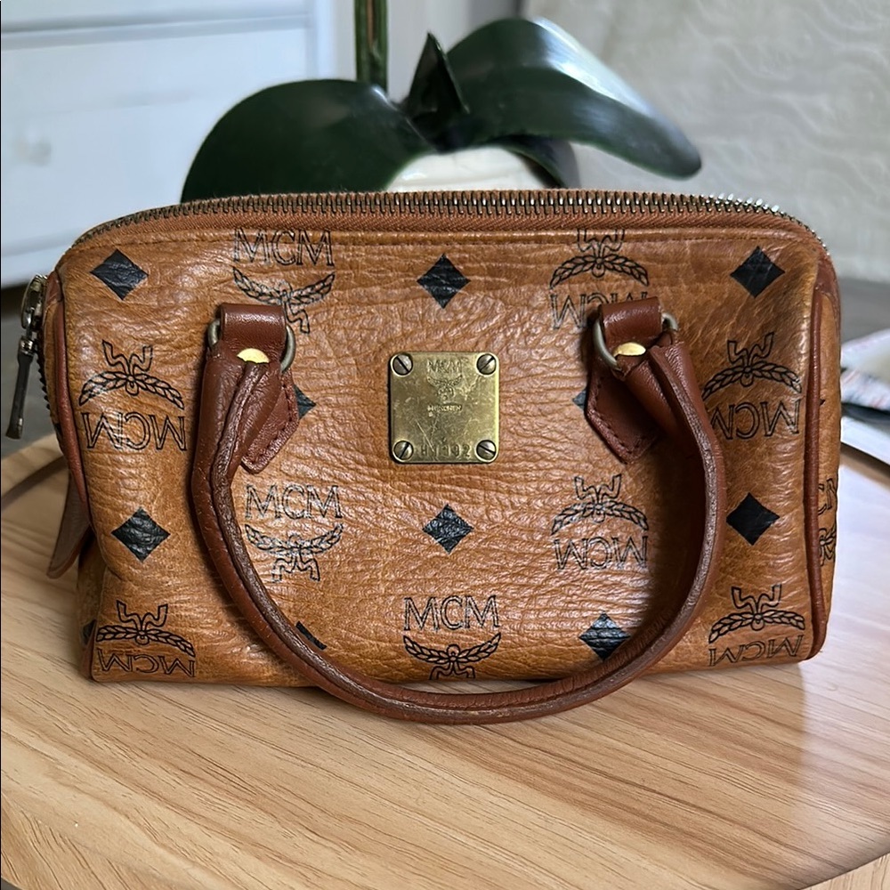 MCM Mini Boston Bag in Cognac Visetos Monogram and Gold Hardware
